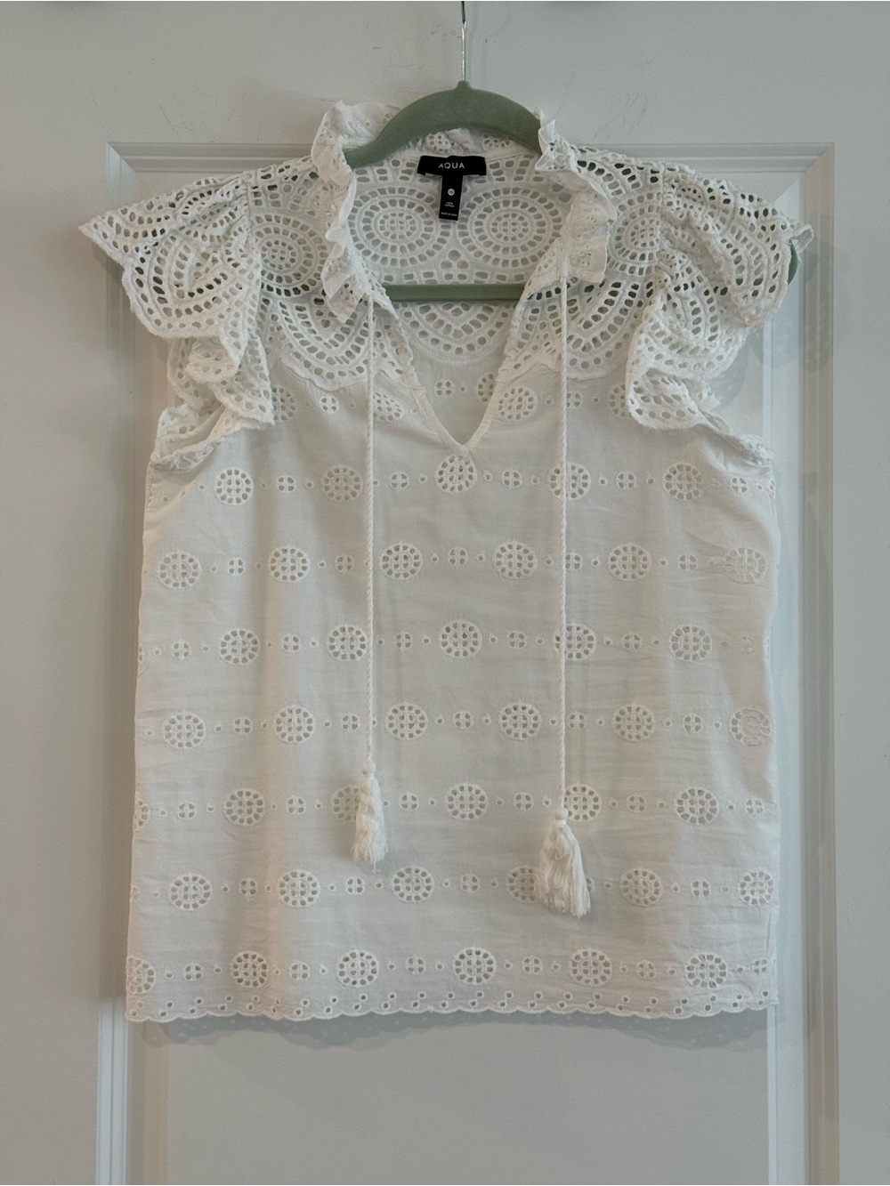 Aqua White Eyelet Ruffle Tie-Neck Blouse Sz XS